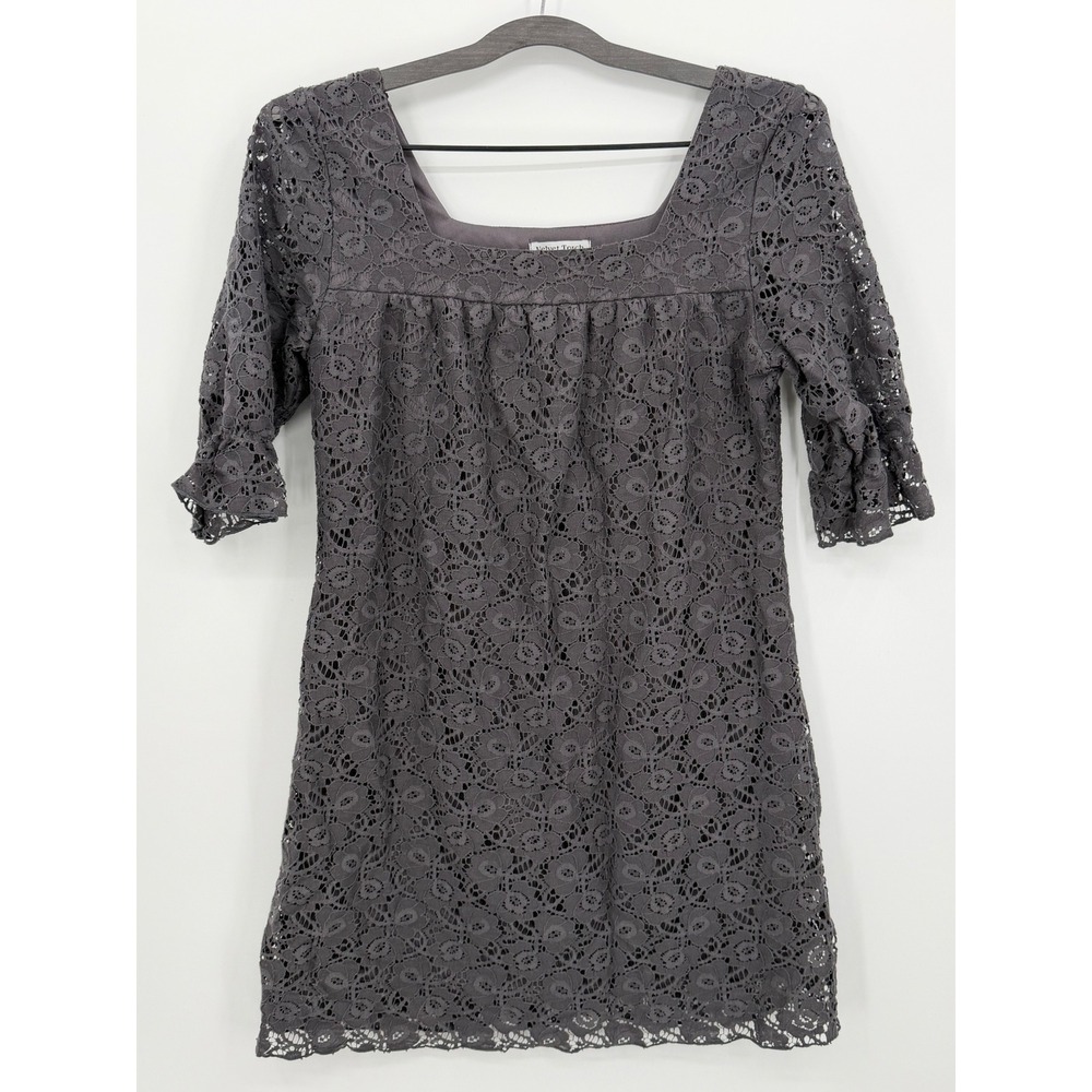 Velvet Torch Eyelet‎ Dress Womens Small Gray Square Neck Short Sleeve Lace Lined